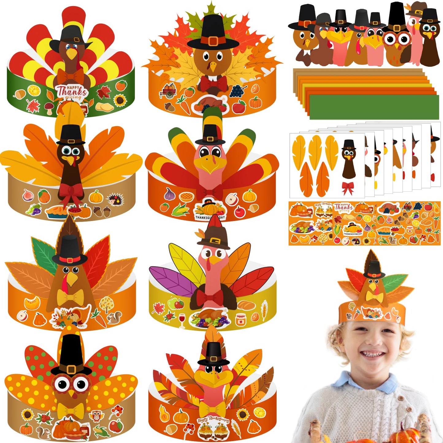 Shyyween 48 Sets Thanksgiving Turkey Craft Kits Fall Thanksgiving Headbands Ornaments Decorations Art Sets DIY Autumn Make a Tur