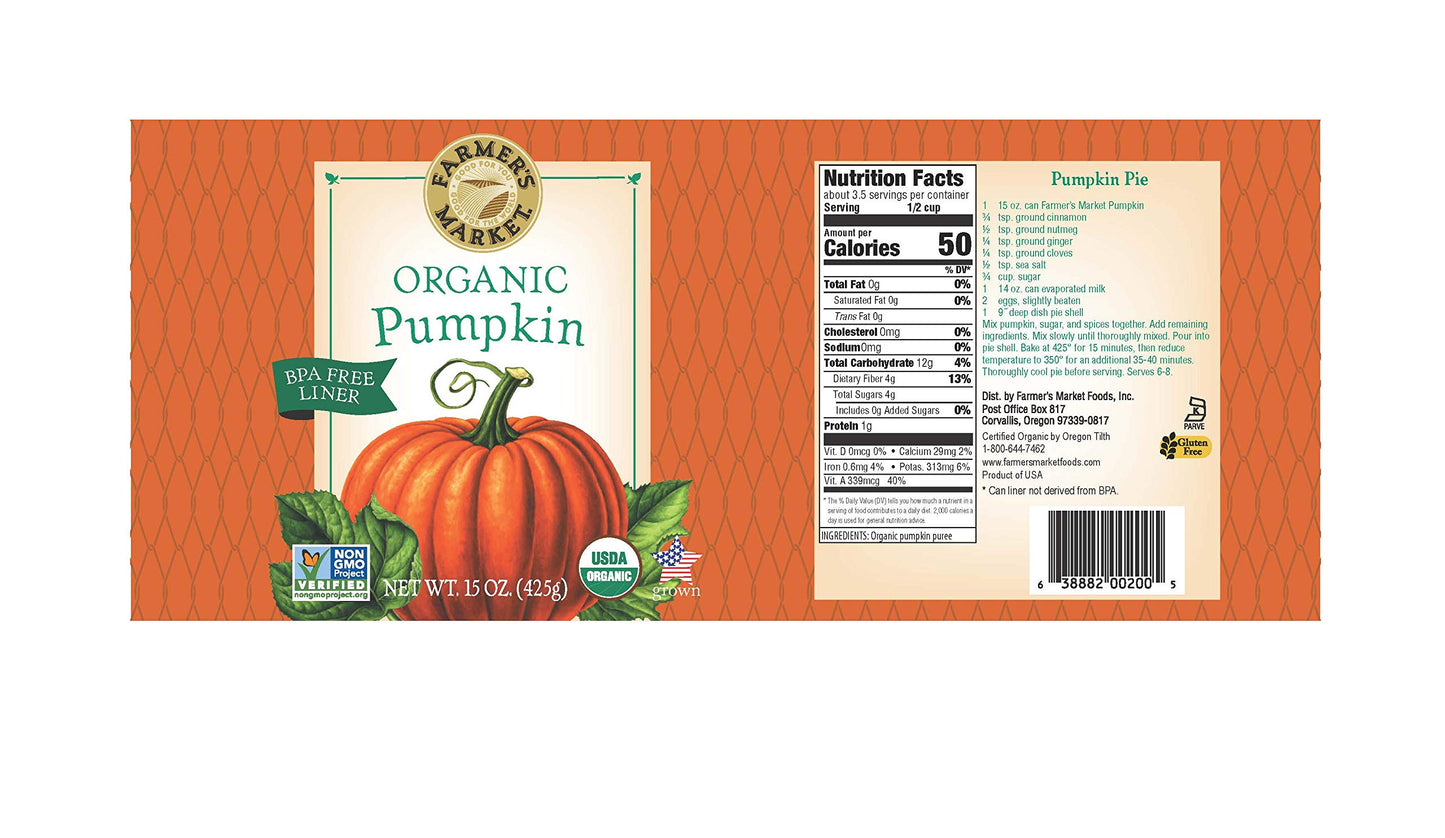 Farmers Market Foods, Organic Canned Pumpkin, 15 Ounce