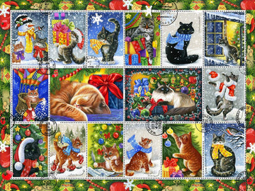 Vermont Christmas Company Christmas Cat Stamps Jigsaw Puzzle 550 Piece