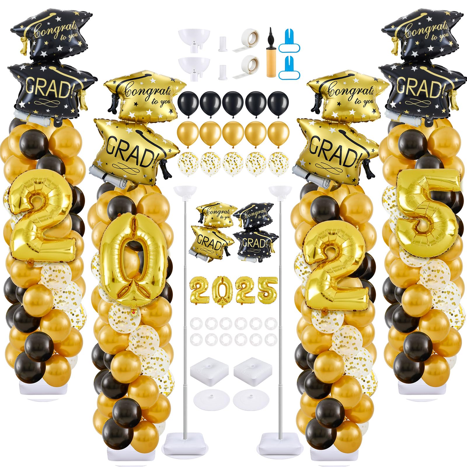 Gejoy 4 Sets Graduation Balloon Column Stand Kit with 314 Pcs Black Gold Latex Balloons 2025 Letters 6.5 ft Adjustable Metal Tub