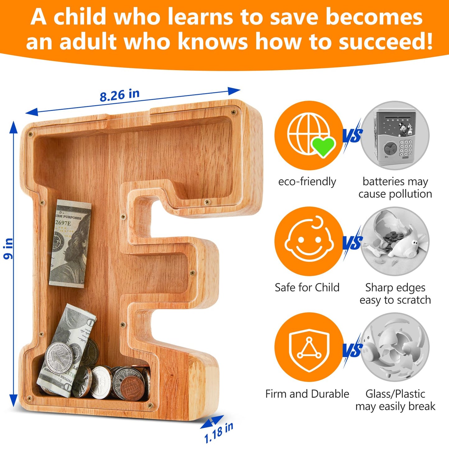 Wooden Letter Piggy Bank for Kids  Initial Coin Bank for Boys and Girls  First Name Personalized Savings Bank for Birthday Boys Girls Gift Piggy Bank for Kids (Wood  S9-F)