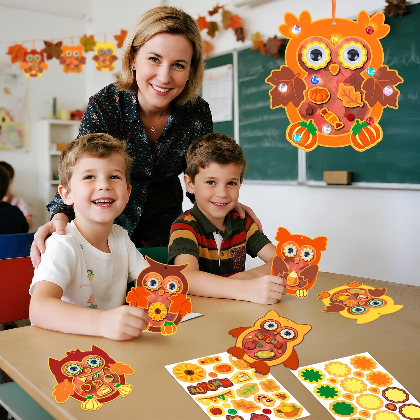 24 Sets Fall Crafts Kit DIY Tissue Paper Crafts DIY Owl Sun Catcher Craft Ornaments Hanging Decorations Art Owl Pumpkin Leaf Sun