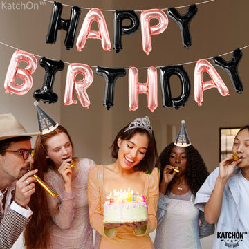 Katchon, Happy Birthday Balloons - 16 Inch | Rose Gold And Black Birthday Banner | Black And Rose Gold Balloons, Happy Birthday Decorations | Happy Birthday Sign, Black And Rose Gold Party Decorations