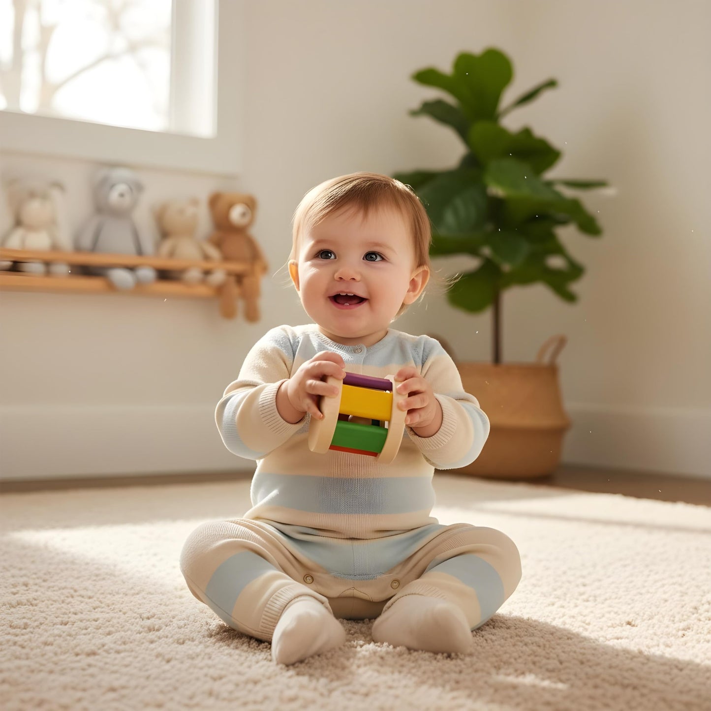 PlanToys Wooden Roller Rattle Toy - Eco-Friendly Montessori Baby Sensory Toy, Medium Size, Bright Color Series, Model 0522000
