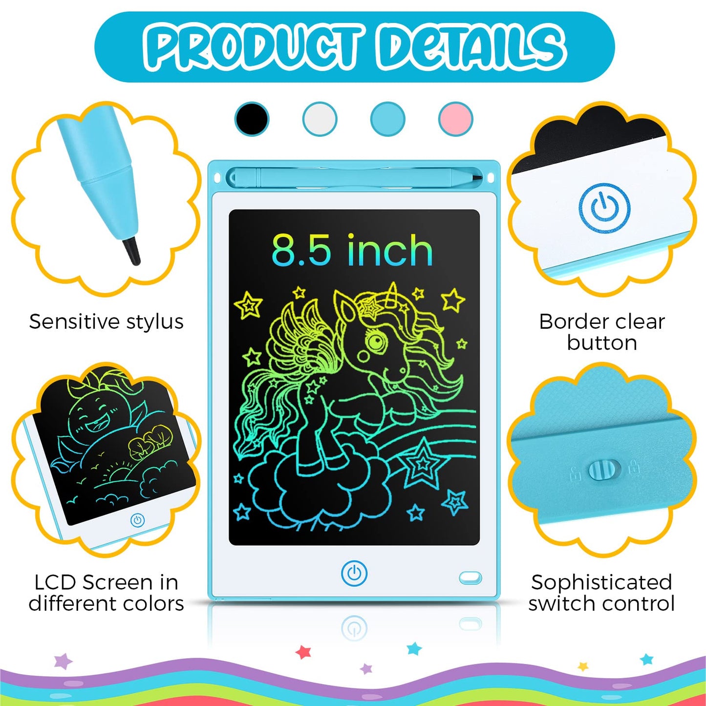 Epakh 16 PCS LCD Writing Tablet for Kids - 8.5 Inch Reusable Writing Board Drawing Doodle Pad Gift for Girl & Boy, Toddlers, Bac