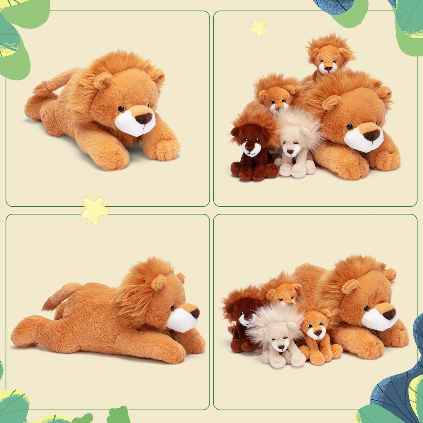 Ikasa Mommy Lion Stuffed Animal Mom And Baby Plush Toy, Cute 17'' Soft Small Mama Family Set Cuddly Toys With Little Mini Babies