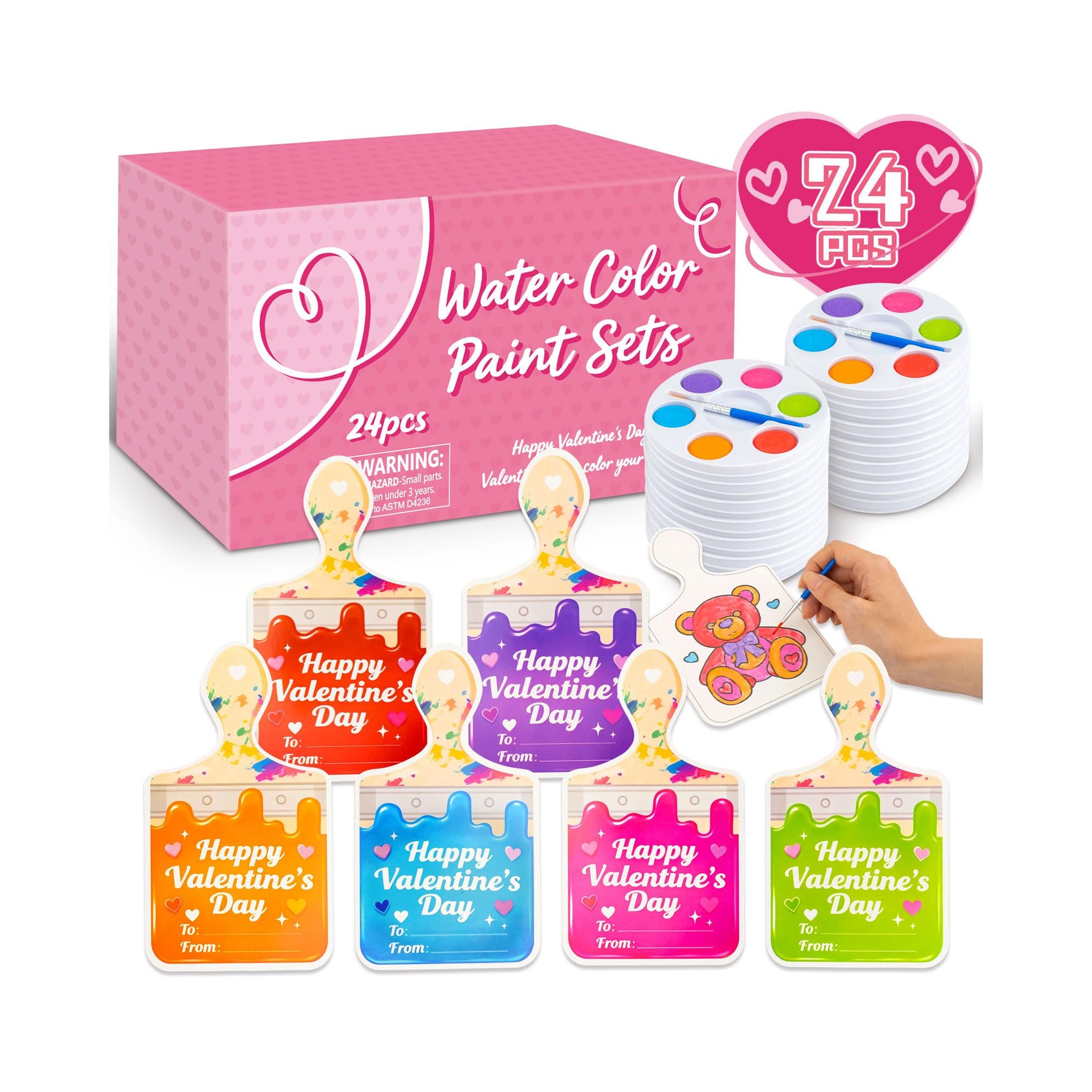 hapray Valentines Day Gifts for Kids Classroom, 24 Pack Valentine Cards with Washable Vibrant Watercolor Paint Set, Valentines D