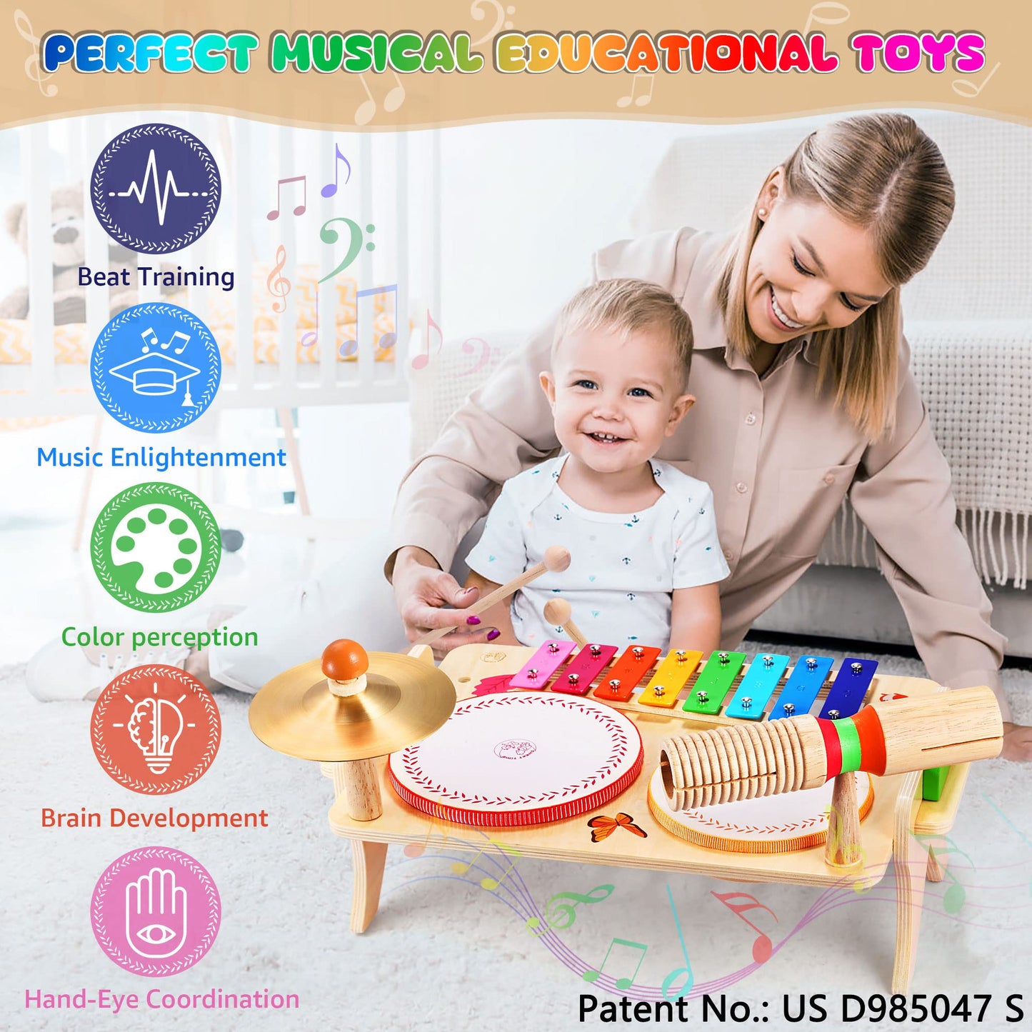 Wingyz Kids Drum Set - 7 in 1 Montessori Music Instruments, Natural Wood, Cat Drum-501, Perfect Birthday Gift for Boys and Girls