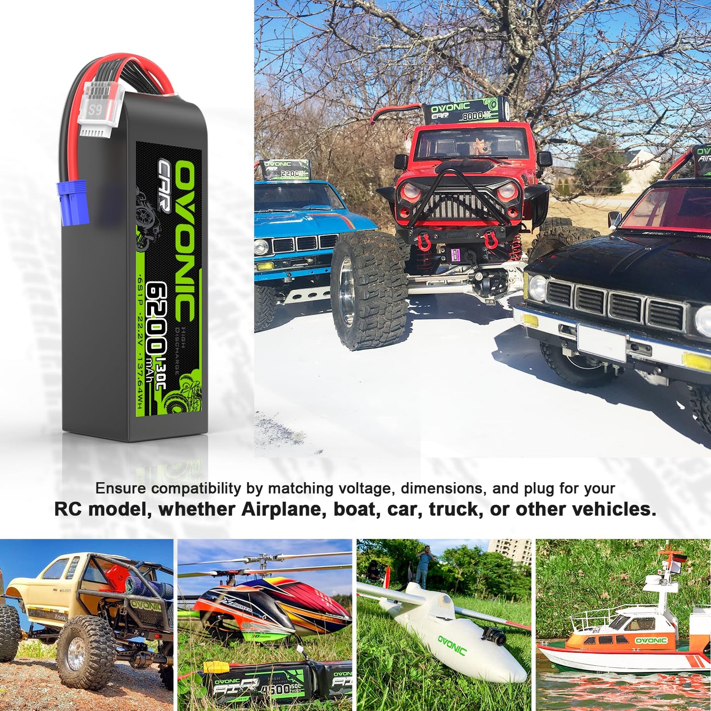 OVONIC 6S LiPo Battery 6200mAh 22.2V 130C RC Battery with EC5 Connector