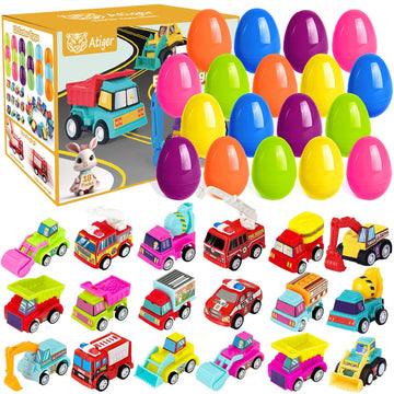 Atiger 18 Pcs Easter Egg Fillers With Toys Inside, Easter Basket Stuffers Filled Pull Back Engineering Vehicles Plastic Eggs Par