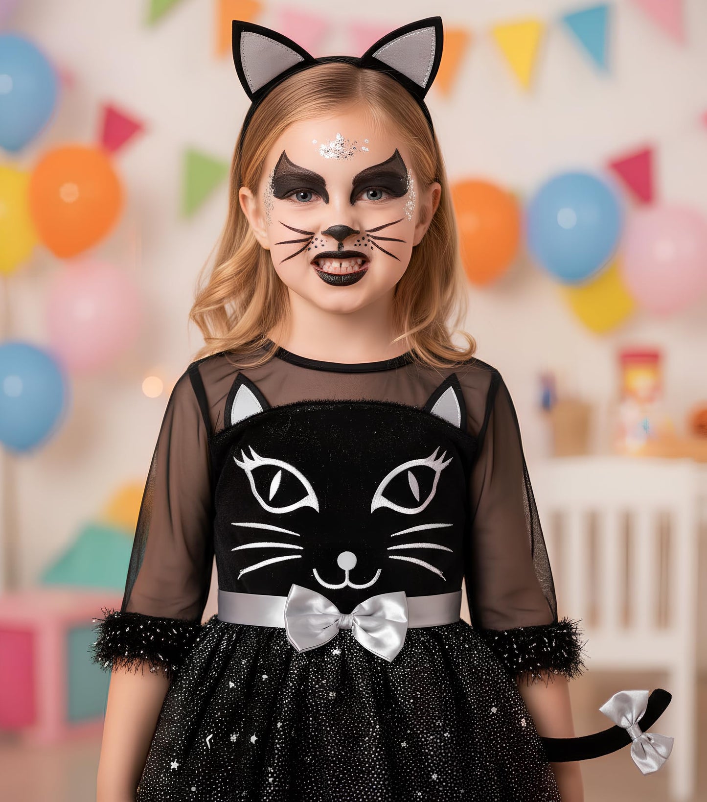 Neilyoshop Girls Cat Costume Kids Black Cat Dress Animals Costume Set For Halloween Dress up
