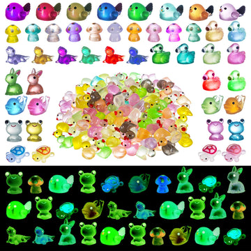 200PCS Luminous Mini Resin Ducks Tiny Frog Flamingo Glow in The Dark Animals Mushroom Rabbit Dolphin Dollhouse Landscape Garden 
