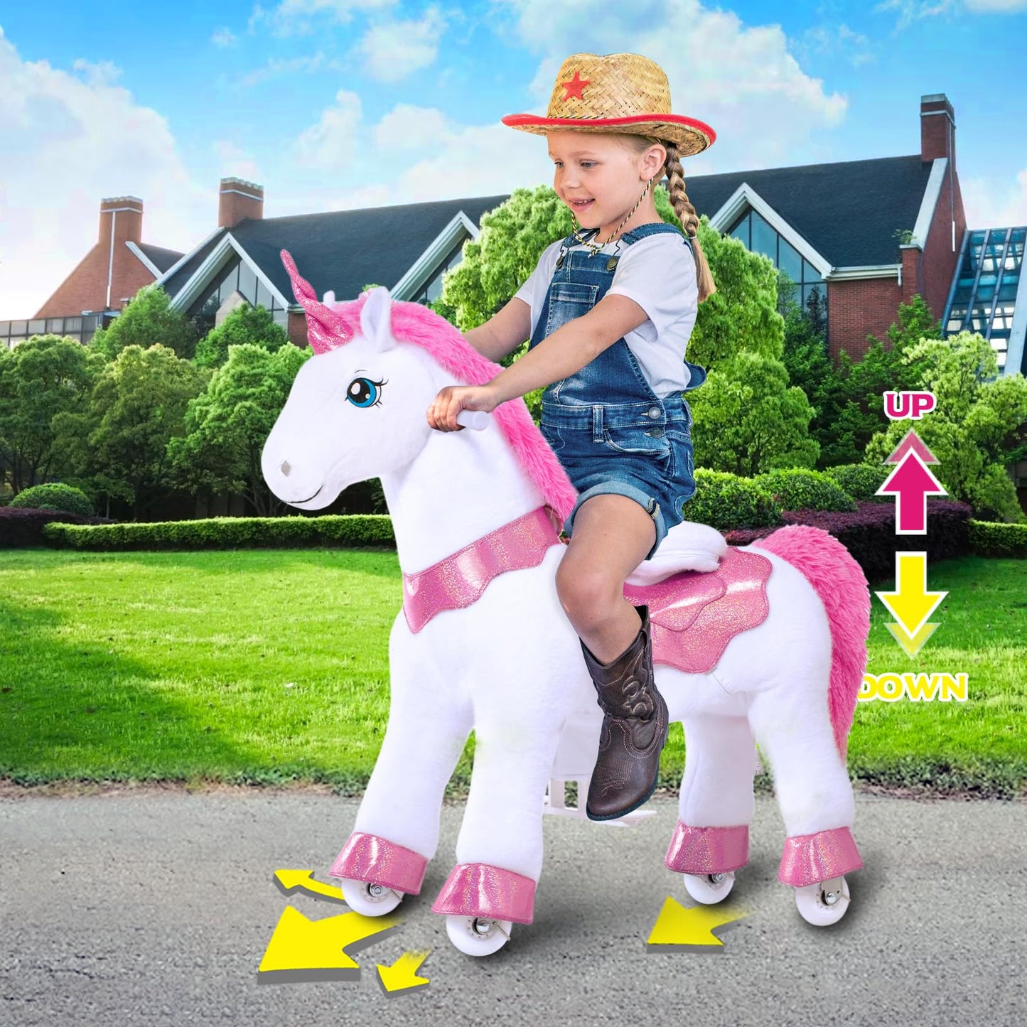 Ponycycle Unicorn Ride On Toys For Girls Horse Spirit Toys, Essential Model E Size 4 For Kids Age 4-8/35.4' Height, Birthday Gifts Plush Walking Animal Giddy Up Riding Toys Ride On Pony Pink E412