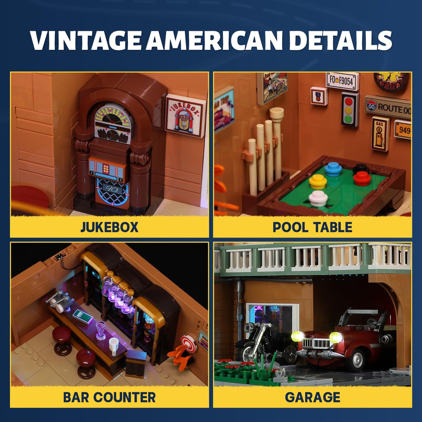 Funwhole City Car-Hotel Lighting Building-Bricks Set - Road Trip Modular Twilight Motel Collection Led Light Car And Motorcycle