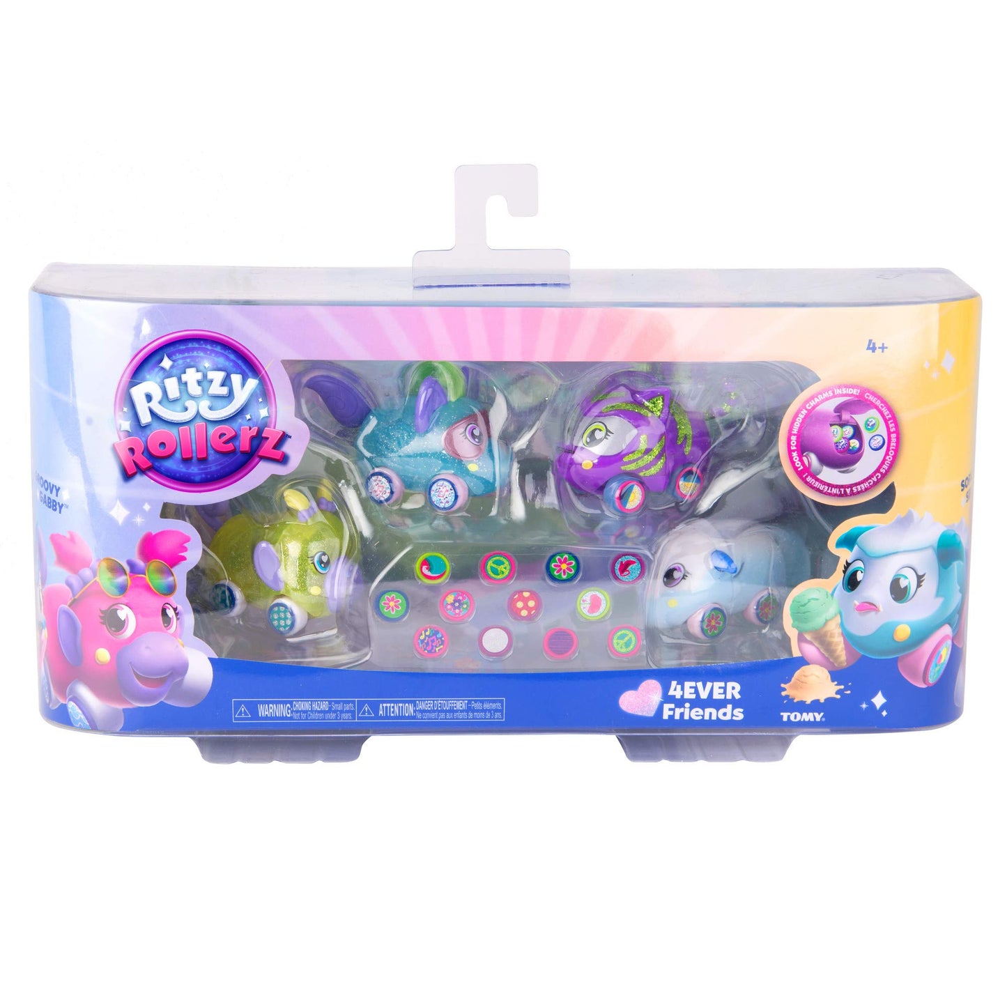 Ritzy Rollerz Toy Cars For Girls With Surprise Charms, 4Ever Friends, Four Cute Cars With Unique Fashion Finishes, 4 Pack