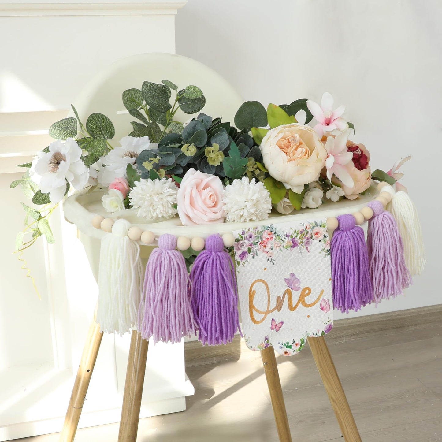 HODIHIWI Handmade Butterfly Flower 1st Birthday High Chair Banner Purple Party Decoration For Girls Boys Wall Hangings Decorativ