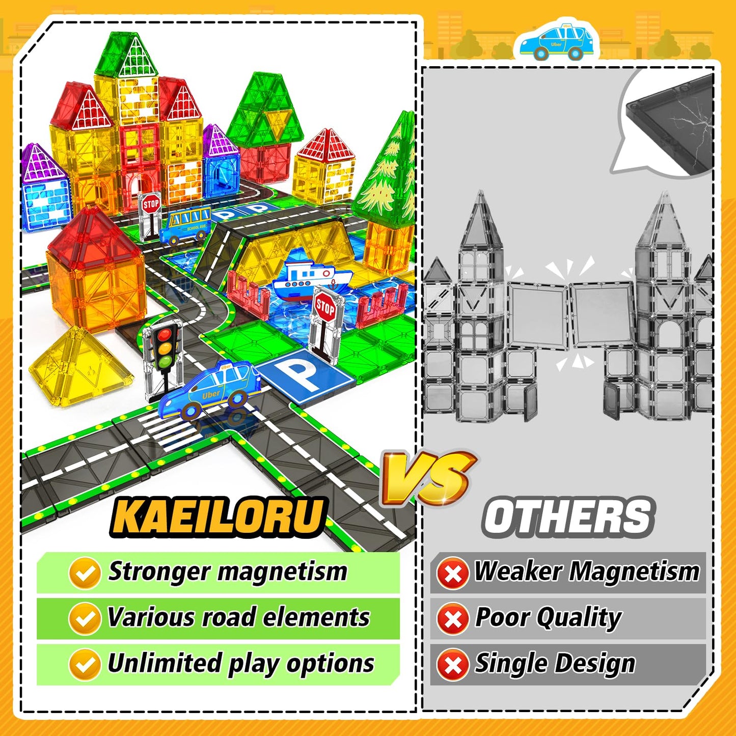 Magnetic Tiles Road Set With Car Magnet Building Tile Toys For Kids Ages 3-5 4-8 5-7 Magnetic Blocks Expansion Pack Stem Constru