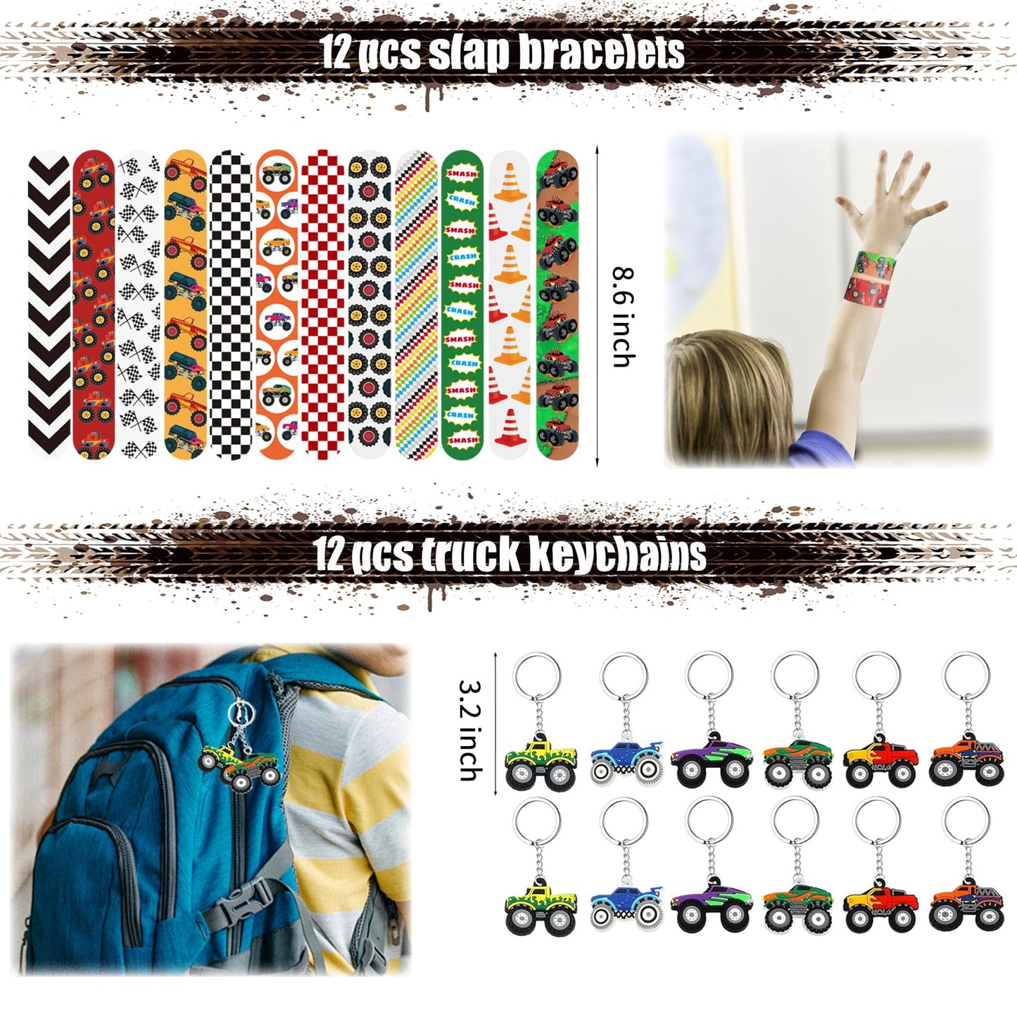 Xipegpa Truck Car Party Favors Set Truck Cars Keychains Slap Bracelet Diy Stickers Straws Car Bags For Kids Truck Car Themed Birthday Party Supplies Goodie Bag Fillers (Truck Car)