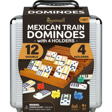 Mexican Train Dominoes Set With 4 Holders - Dominoes Double 12 With Wooden Hub And Tiles Holders - Double 12 Dominos Set For Family Game Night For Adults And Kids Ages 8 And Up (D12 + 4 Holders)