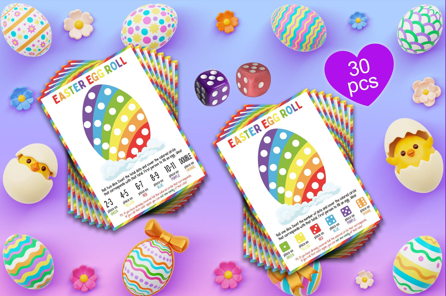 BEUFSE Easter Egg Roll Dice Game, Roll The Egg Game with Two Dices for Easter, Easter Roll The Dice Game, Easter Party Game Supp