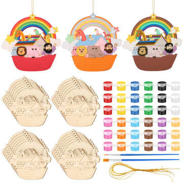 RoundFunny 24 Set Wooden Noahs Ark Craft Toys Unfinished Wooden Noahs Ark Ornaments Color Your Own Animal DIY Craft Project De