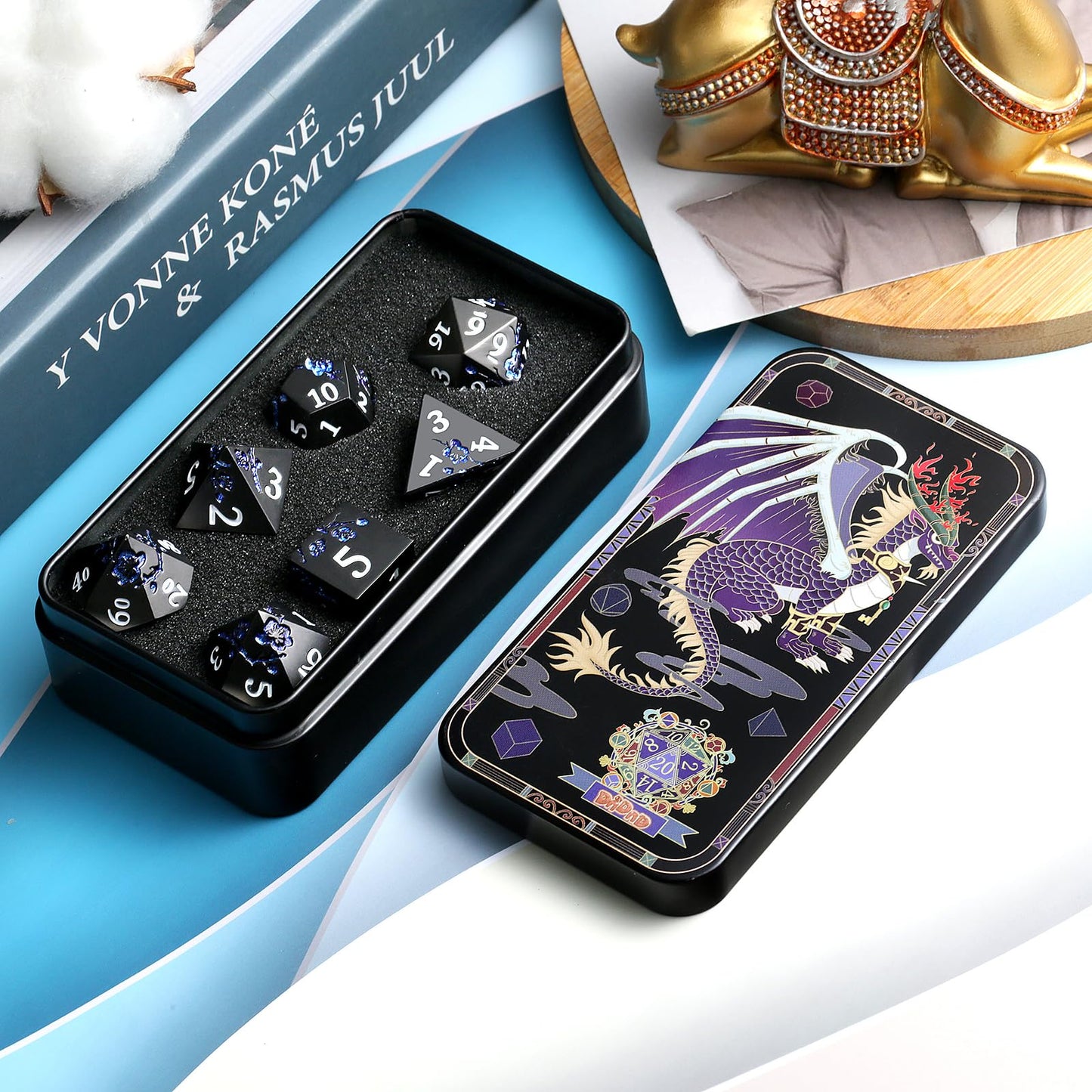 Glitter Blue D&D Metal Dice, DNDND 7 PCS Flower Metallic DND Dice Set with Grogeous Gift Case for Dungeons and Dragon Tabletop G