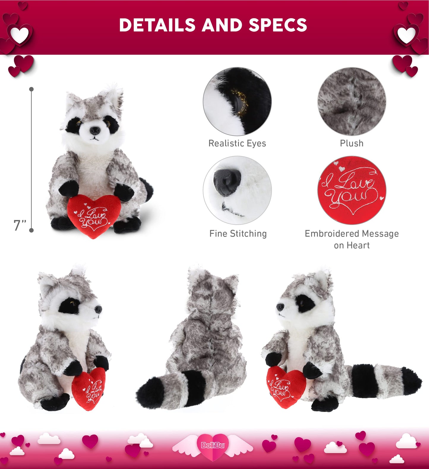 DolliBu I Love You Valentine Plush Raccoon - Cute Stuffed Animal with Red Heart and Name Personalization Gift for Valentines Day  Birthday  Anniversary  Romantic Date - 9 Inches
