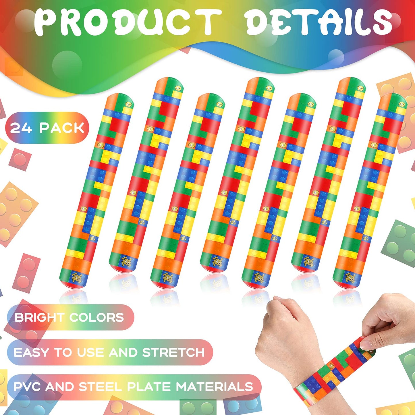 Civaner 24 Pieces Color Brick Party Slap Bracelet Colorful Building Blocks Pattern Slap Bracelets for Building Blocks Party Favo