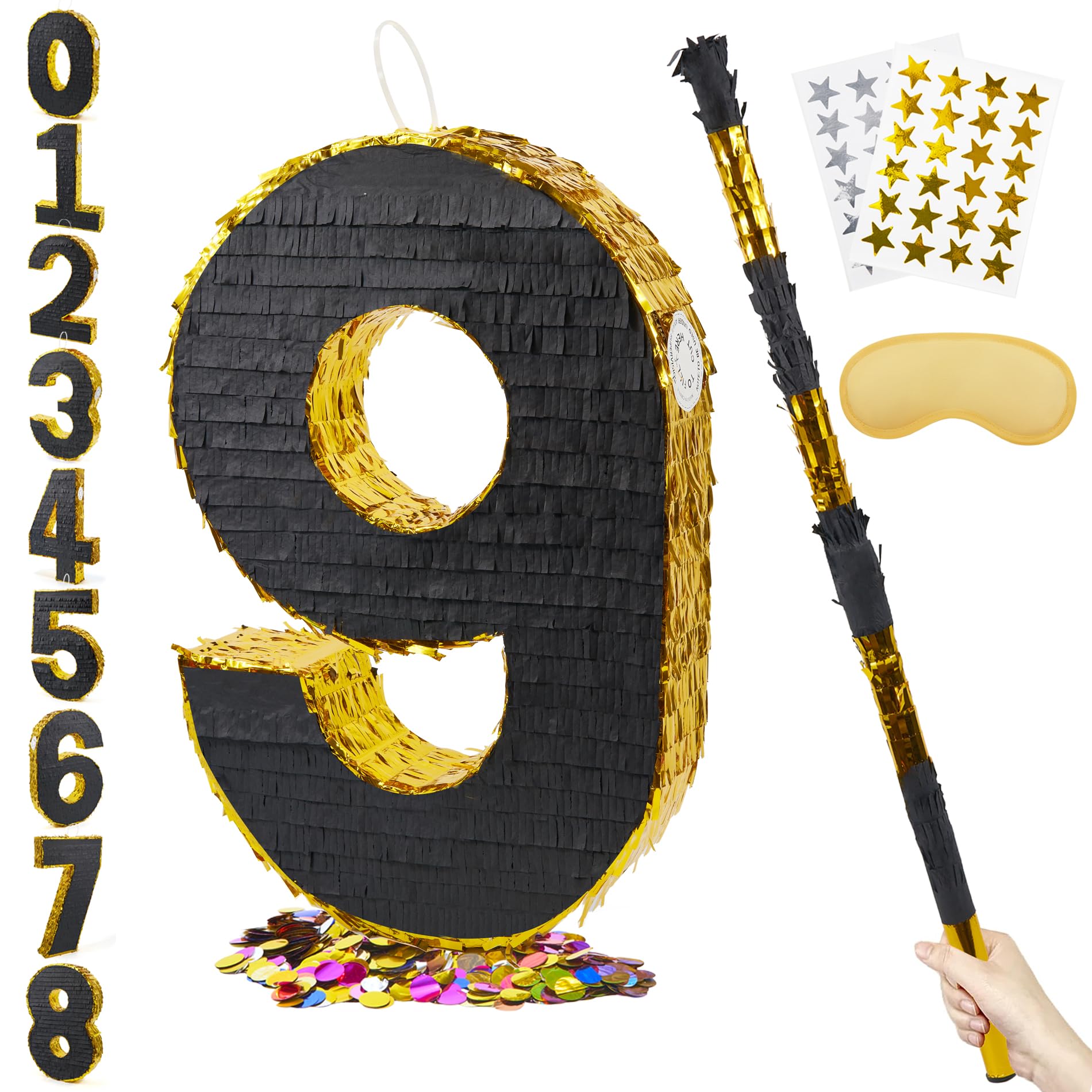 PCFING 20 Inch Number 9 Piata Gold Black with 30 Inch Piata Stick Blindfold Confetti for Man Women Kids Birthday Party Decoratio
