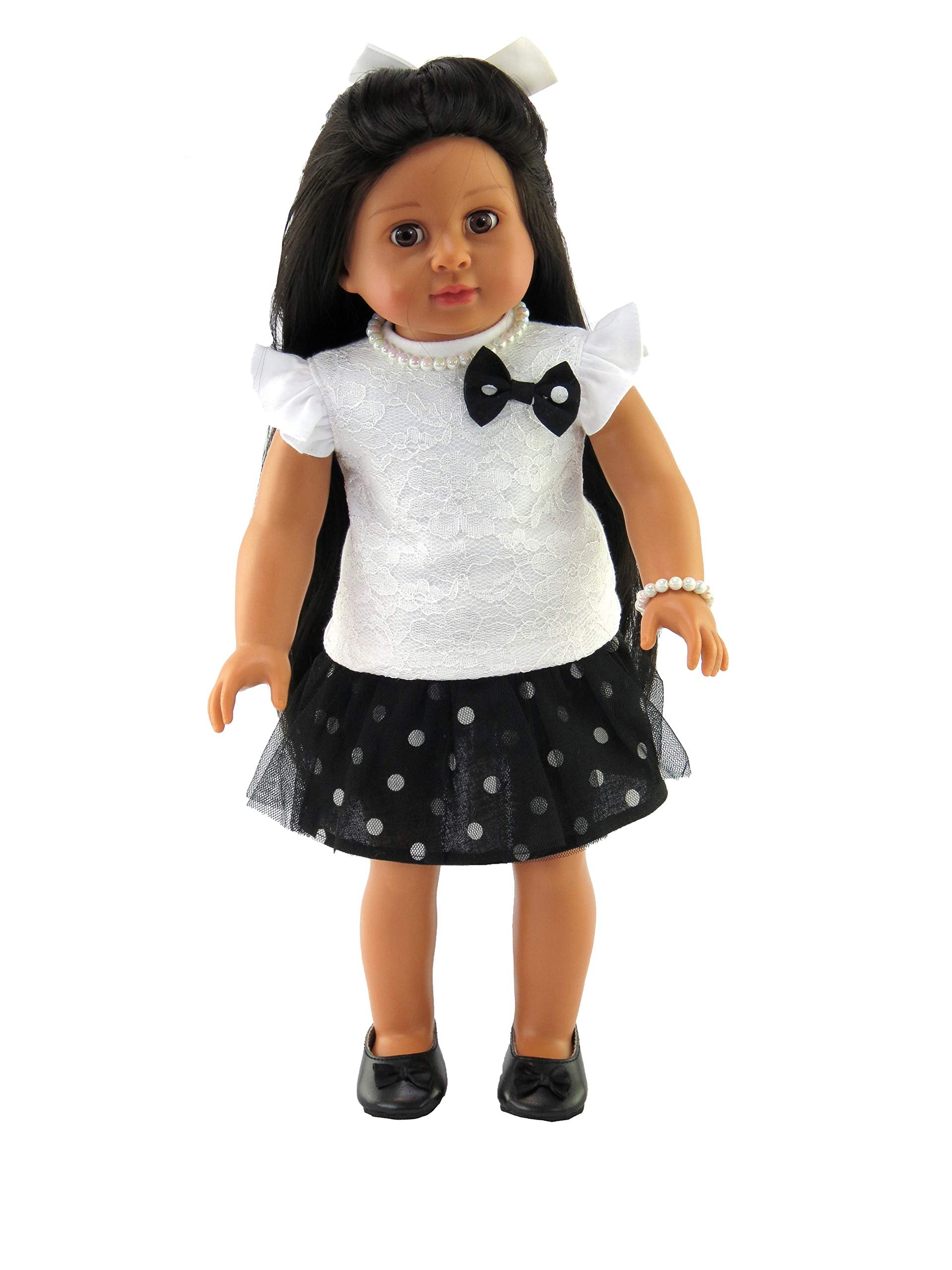 American Fashion World Black and White Polka Dot Skirt Set for 18-Inch Dolls | enhanced Quality & Trendy Design | Dolls Clothes | Outfit Fashions for Dolls for Popular Brands