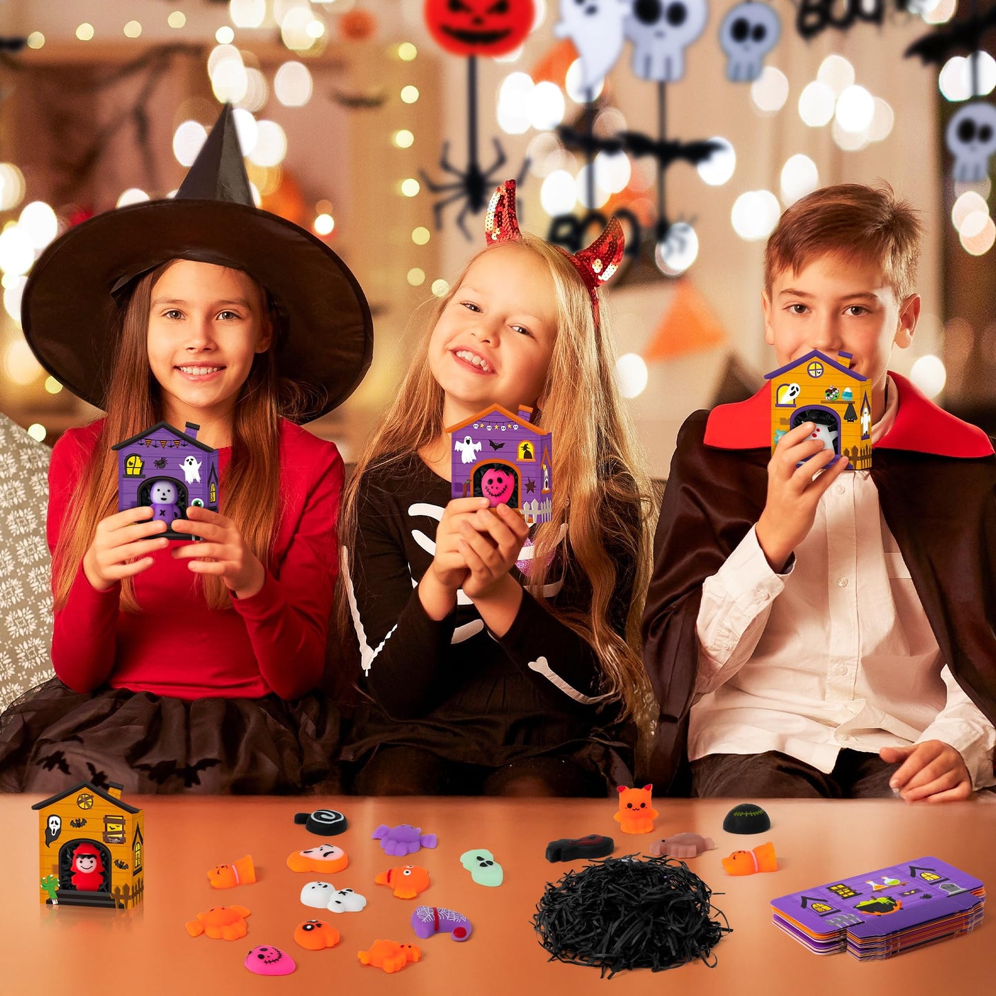CY2SIDE 24 Pack Halloween Squishy Toys with Haunted House Gift Box and Raffia Filler for Kid  Halloween Miniature Novelty Toy Trick or Treat Goodie Bag Stuffed Party Favor for School Reward Supplies