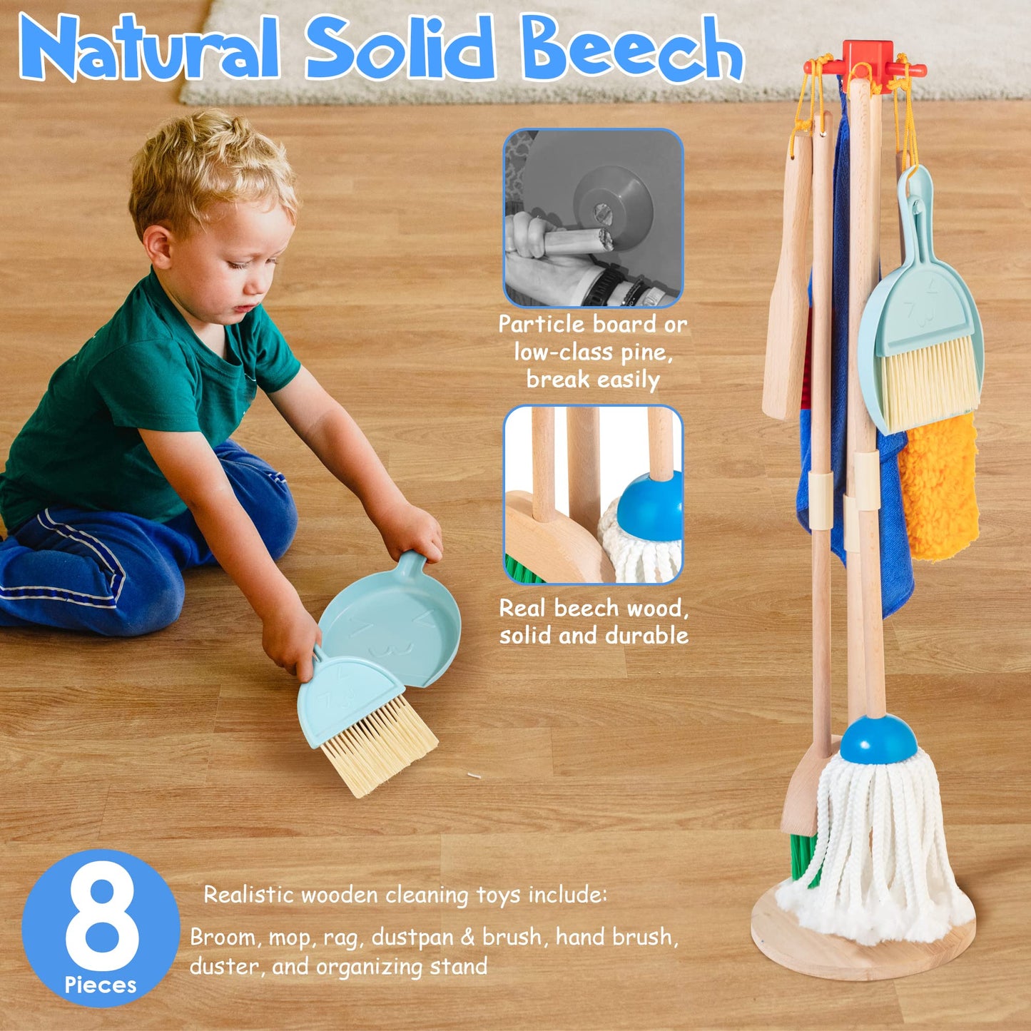 Woodmam Wooden Kids Cleaning Set For Toddlers,8 Pieces Montessori Cleaning Toys With Kids Broom And Mop Set, Housework Pretend P