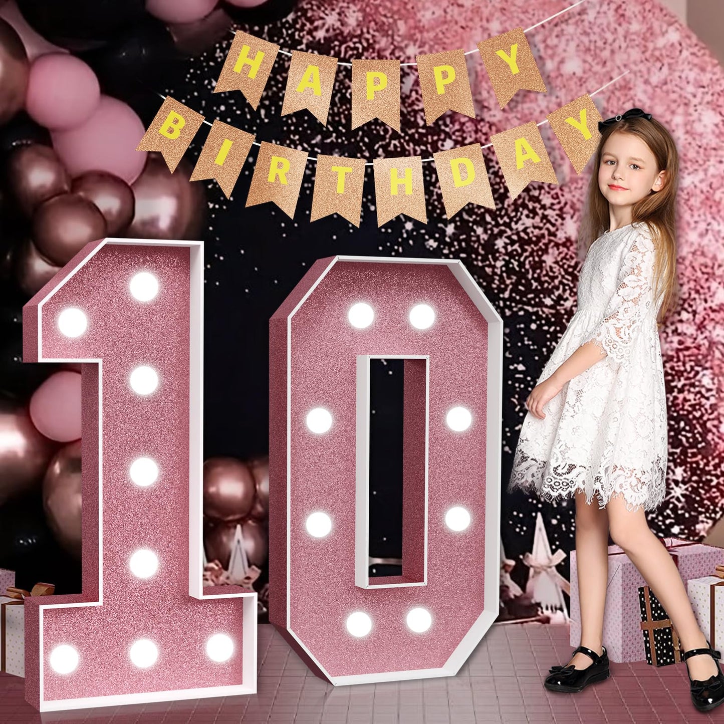 Marquee Numbers Pink 10Th-Birthday Decorations: Large 3Ft Light Up Number Rose Gold 10 Birthday Decoration For Boy Girl Ten Year