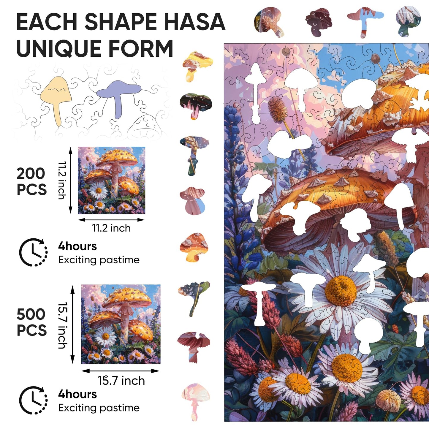Wooden Puzzles for mature-themeds 200 Pieces  Mushroom Flower Wooden Jigsaw Puzzles for mature-themed and Kids  11.2 Inch Medium Size Family Reunion Puzzle  Valentine's Day Puzzle Gifts for Lovers Friends and Family