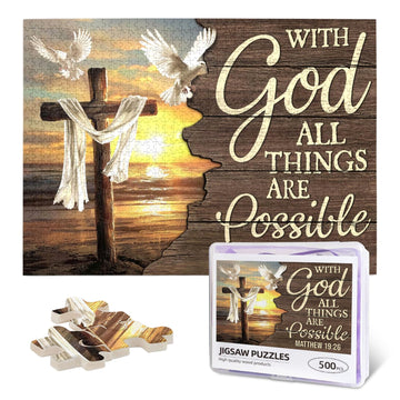 Christian Jigsaw Puzzles 500 Pieces for Adults, Ocean Cross & Matthew 19:26 with God All Things are Possible, Inspirational Beac