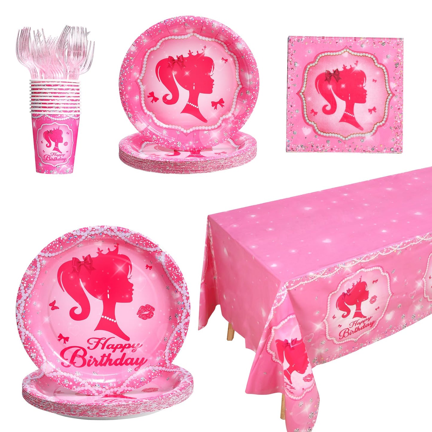 161CT Pink Girl Babe Happy Birthday Party Supplies Babe Head Paper Plates Cups Straw Napkins Spoon Fork knives Tablecloth Hot Pi