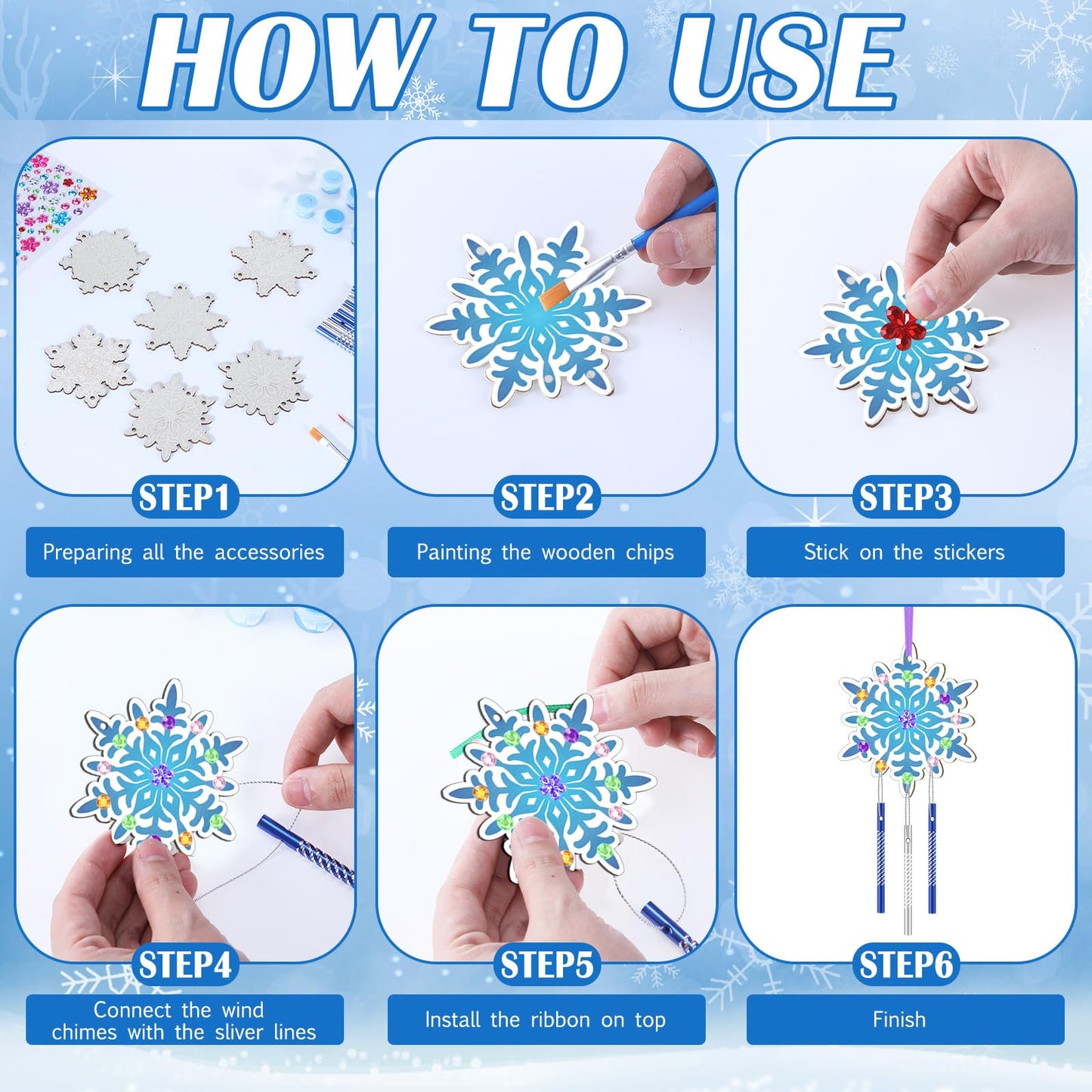 JellyArch Winter Snowflake Wind Chime Making Kit - 30 Pack DIY Wooden Ornaments for Kids - Multicolor - Small