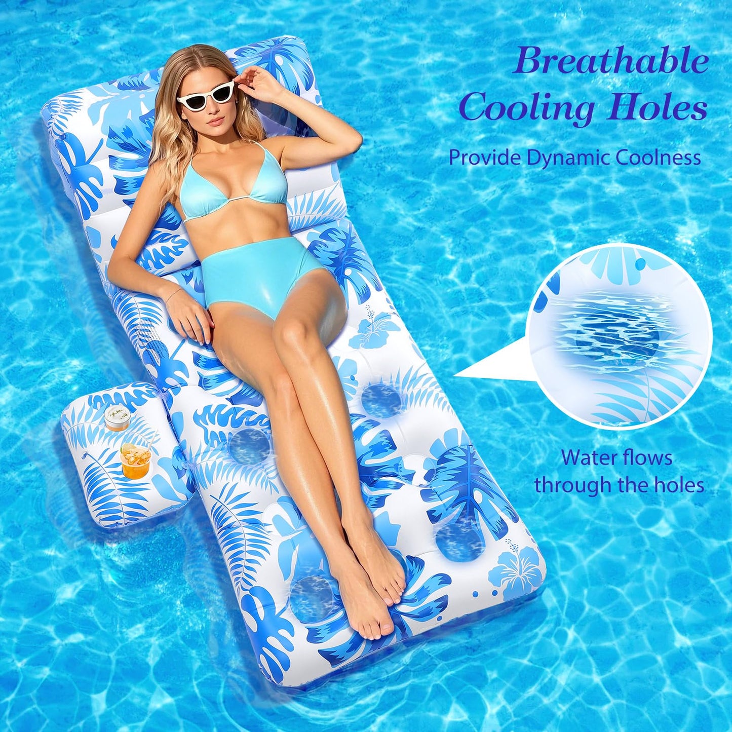 MoKo Inflatable Pool Floats mature-themed - Pool Floaties Lounger Floats Floating Chair Raft with Adjustable Backrest Cup Holders Water Floaty Lake Lounge Sun Tanning Float Beach Party  Blue Leaf