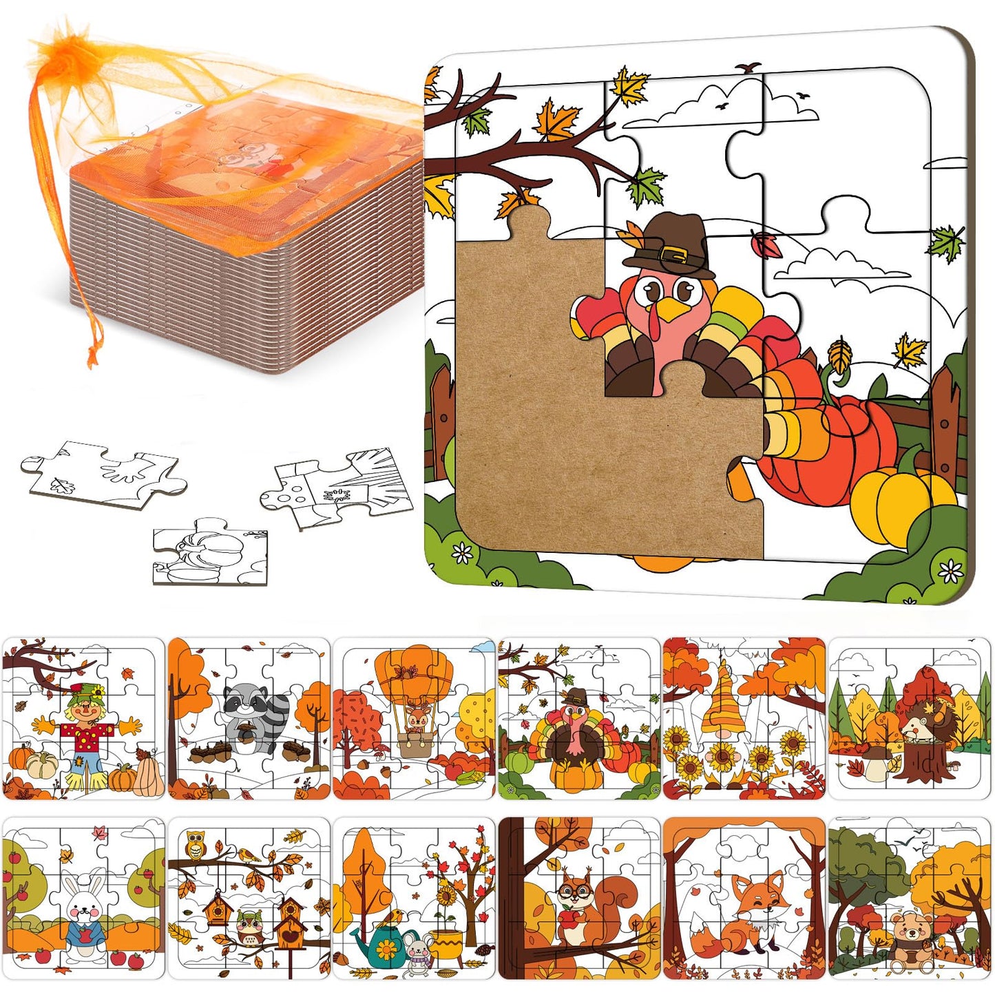 Blosssound 24 Pcs Thanksgiving Puzzles 4 x 4 Inch Fall Coloring Crafts Turkey Paper Puzzle Make Your Own Owl Squirrel Jigsaws fo