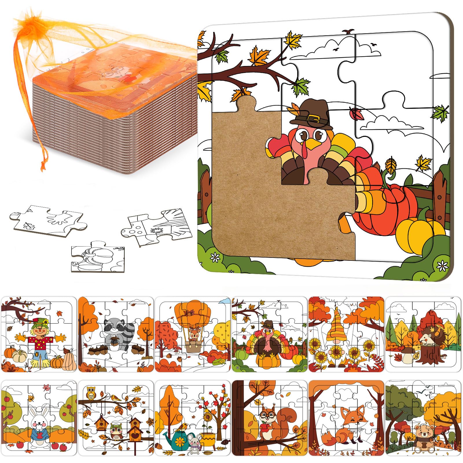 Blosssound 24 Pcs Thanksgiving Puzzles 4 x 4 Inch Fall Coloring Crafts Turkey Paper Puzzle Make Your Own Owl Squirrel Jigsaws fo