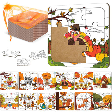 Blosssound 24 Pcs Thanksgiving Puzzles 4 x 4 Inch Fall Coloring Crafts Turkey Paper Puzzle Make Your Own Owl Squirrel Jigsaws fo