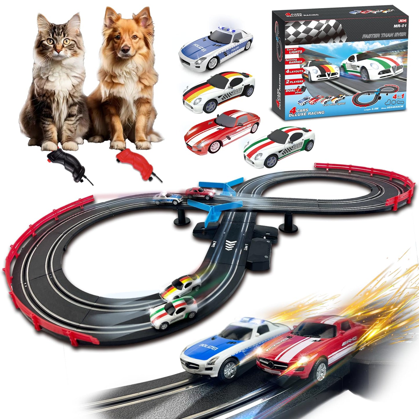 Agm Mastech Slot Car Race Track Sets With 4 Exquisite Slot Cars, Battery Or Electric Car Track, 2 Controllers, Lap Counter, Gift