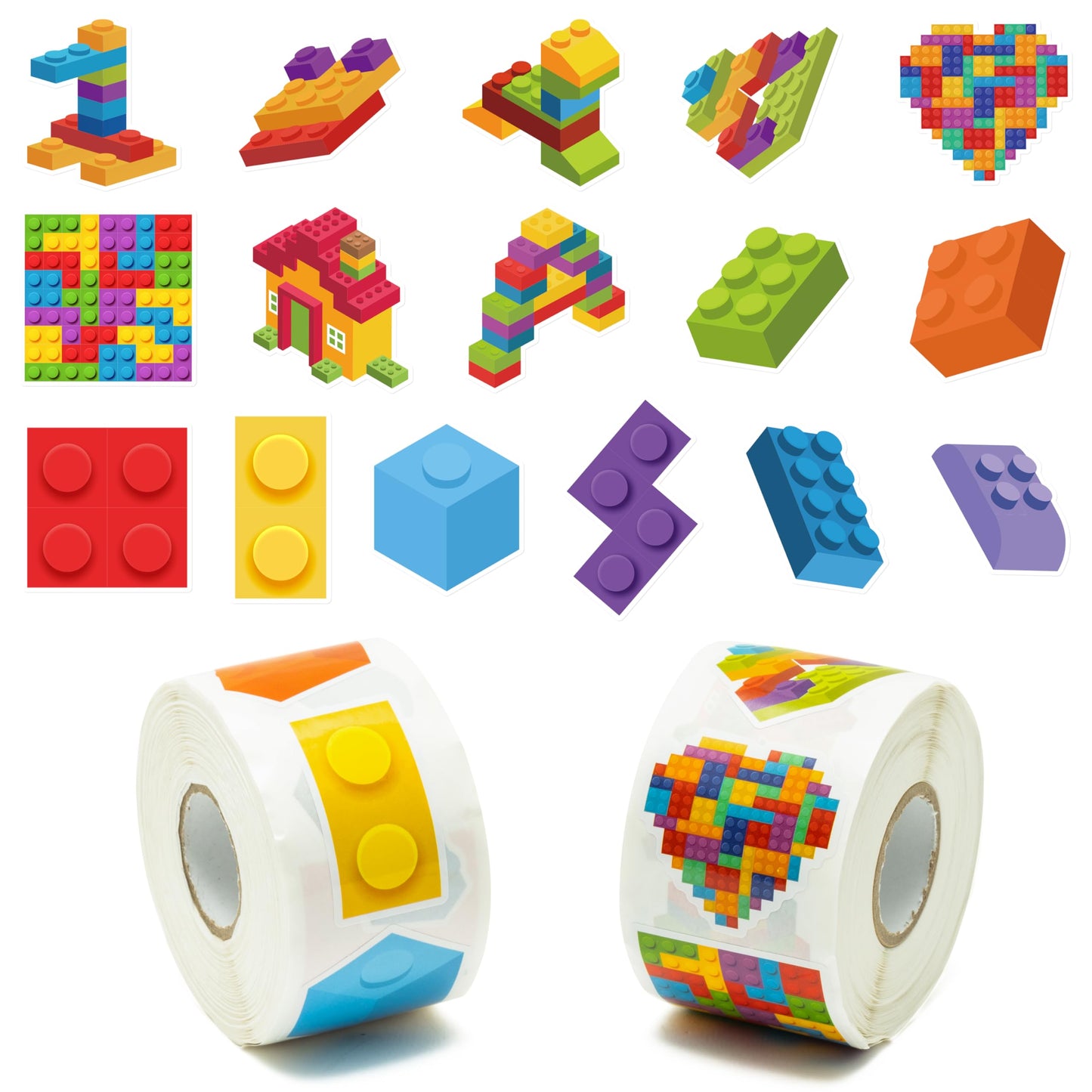 Unbess 1000Pcs Block Stickers For Kids, 2 Roll Colorful Bricks Paper Self Adhesive Heart House Decal Peel And Stick Removable To