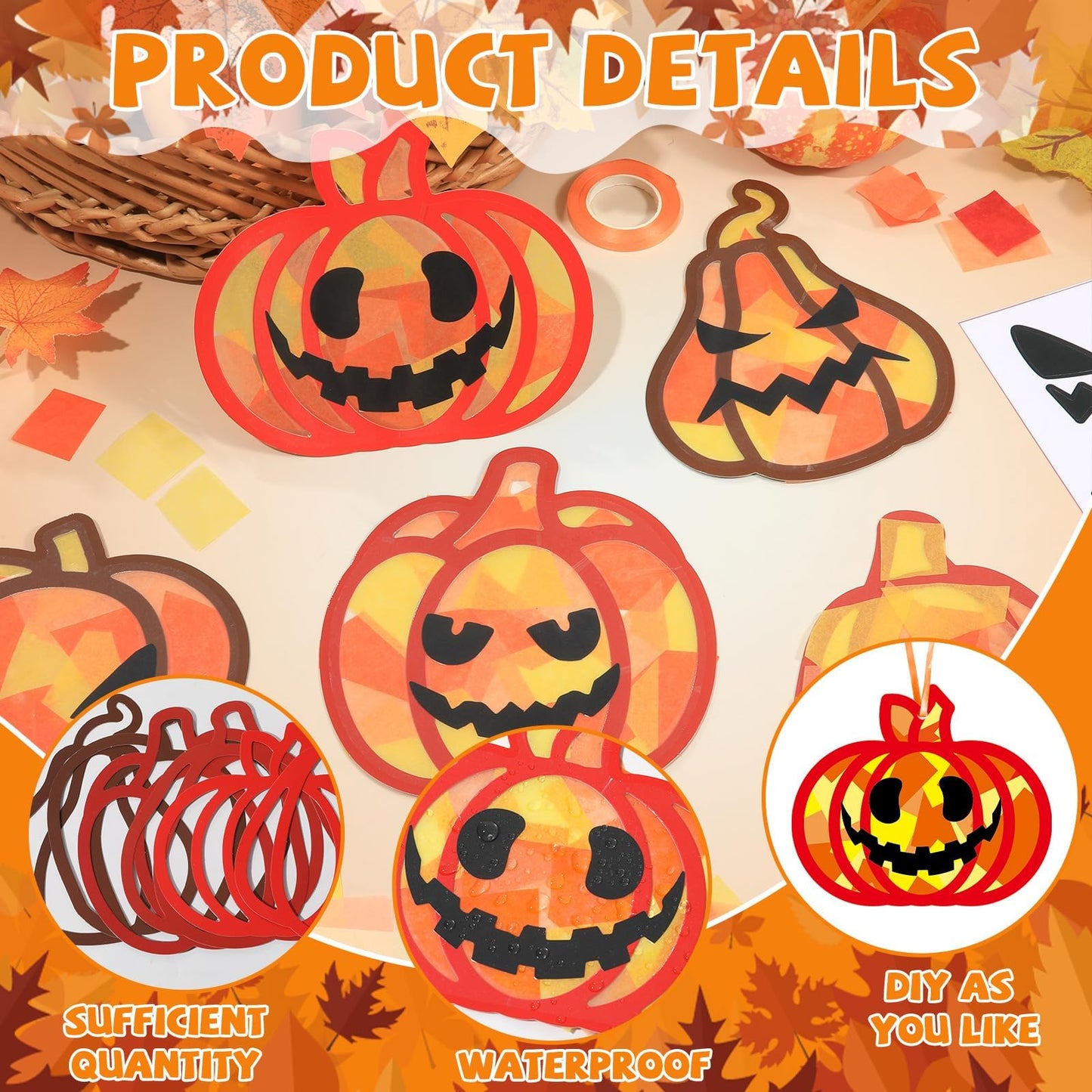 Qyeahkj 36 Set Fall Pumpkin Suncatchers Crafts for Kids DIY Thanksgiving Pumpkin Window Tissue Paper Crafts Kit Halloween Hangin