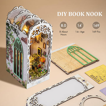 Muyolo Book Nook Kit, 169Pcs 3D Garden House With Dust Cover Diy Booknooks Diorama With Led, Wooden Puzzle Booknook Miniature Ho