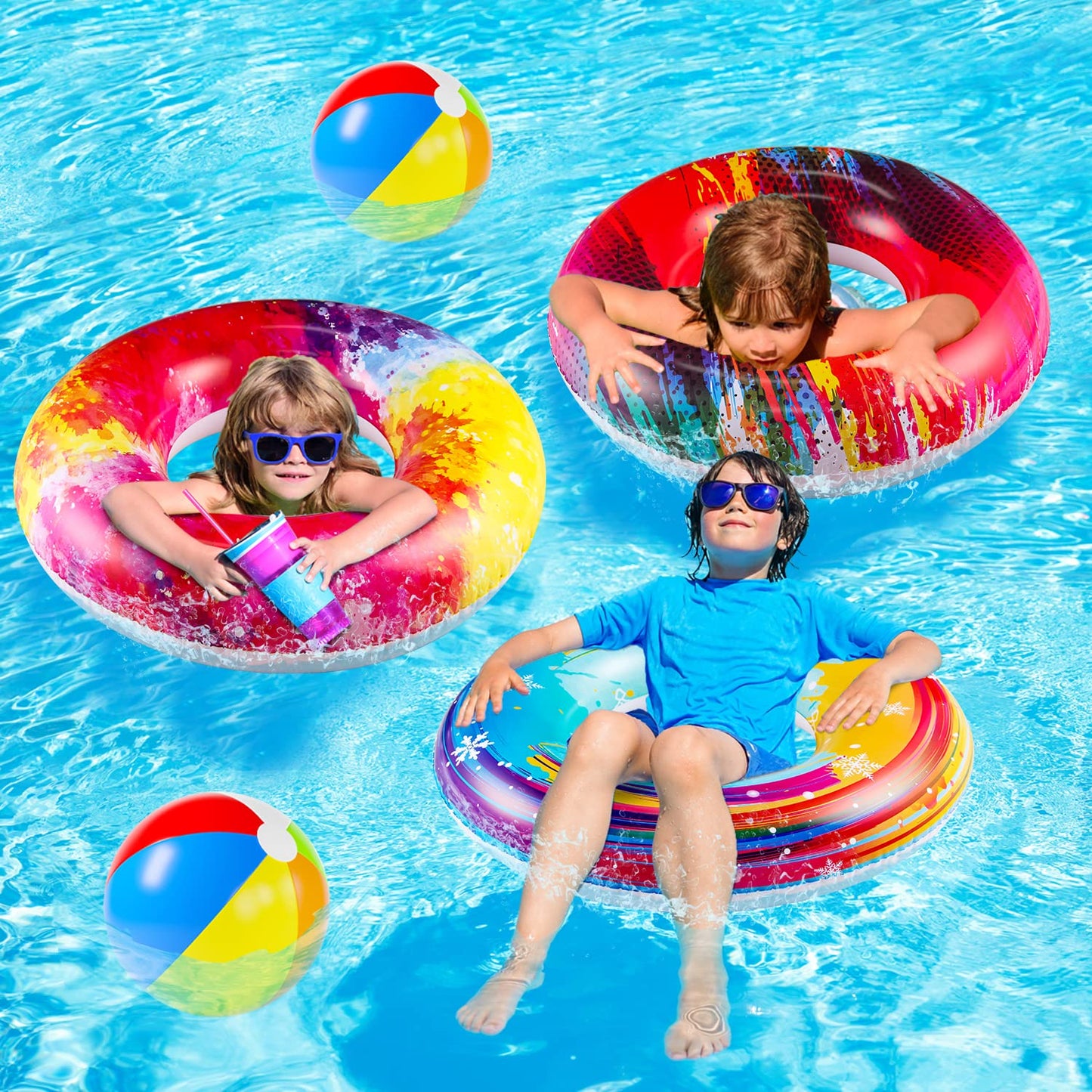 Parentswell 6Pcs Big Pool Floats Tubes: Inflatable Pool Floats Swimming Rings With Beach Balls - Brightly Colored Pool Floaties