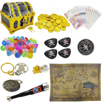 128 Pieces Kids Golden Frame Pirate Treasure Chest Toy Set Vintage Pirate Pretend Toys Include Pirate Chest, Pirate Coins, Jewel