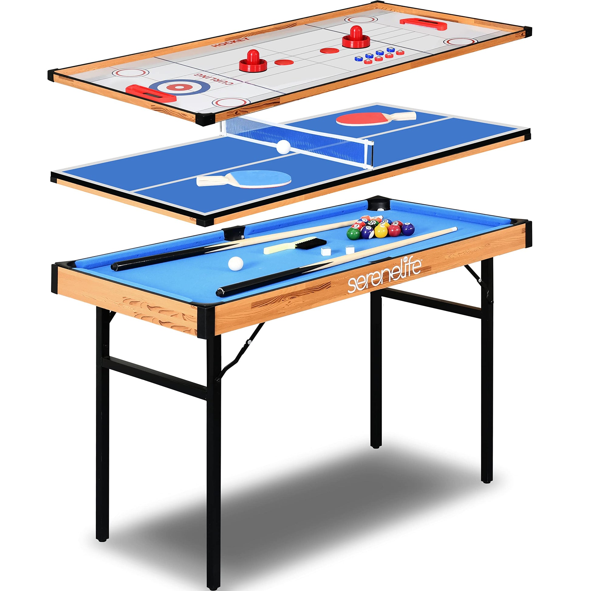 SereneLife 4 in 1 Multi Game Table, 4x2 Folding Portable Sports Arcade Games with Accessories, Ping Pong, Air Hockey, Pool Billi