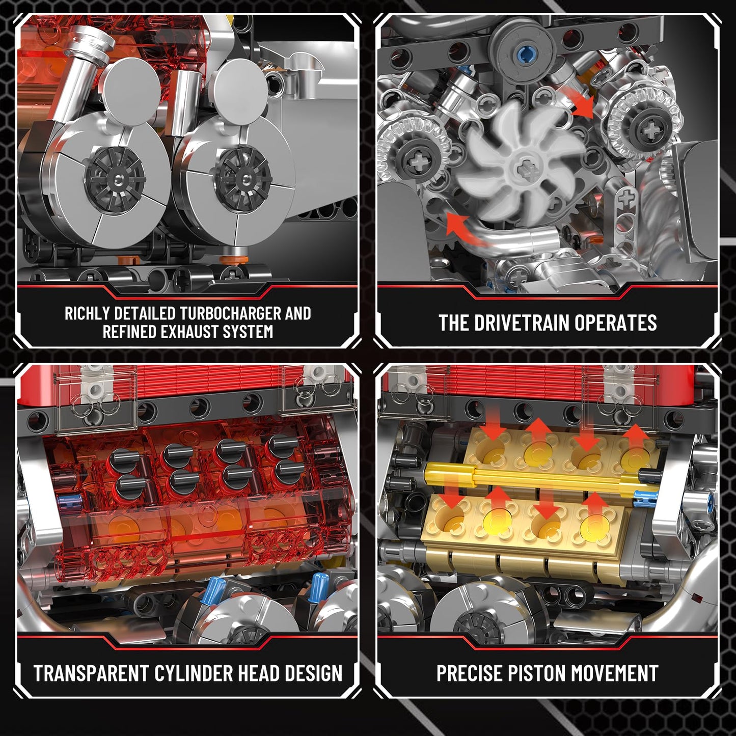 Mould King W16 Engine Building Blocks Set  10163 Combustion Engine Model That Runs  Mini Engine Build Kit for mature-themeds with Battery and Motor  Engineering Construction STEM Toy for Boys Girl (952 Pcs)