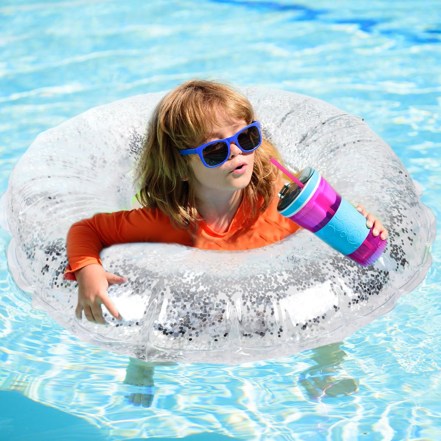 Whaline 4Pcs Inflatable Pool Floats Toys Clear Swim Tubes Rings Glitter Silver Pool Tube For Kids Boys Girls Outdoor Summer Swim
